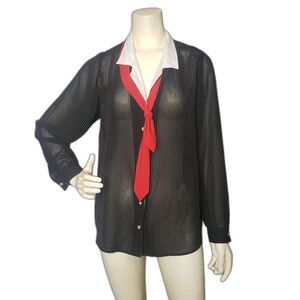 Lady Shapely Shirt Womens 42 Black White Pinstripe Sheer Long Sleeve Blouse Tie